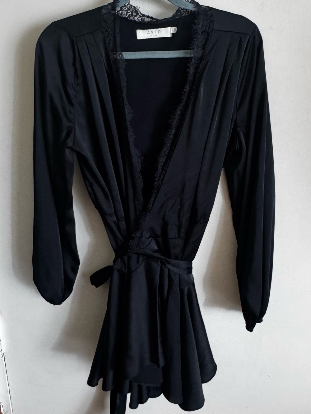 Astr Black Lace-Trim Wrap Robe